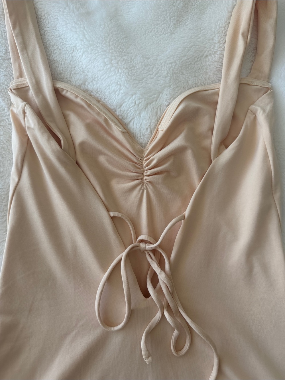 OH POLLY Emersyn Slinky Jersey Ruched V-Back Mini Dress in Buttercream - Picture 7 of 9